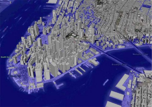Worst-case flood projection for Lower Manhattan. (Via WNYC)