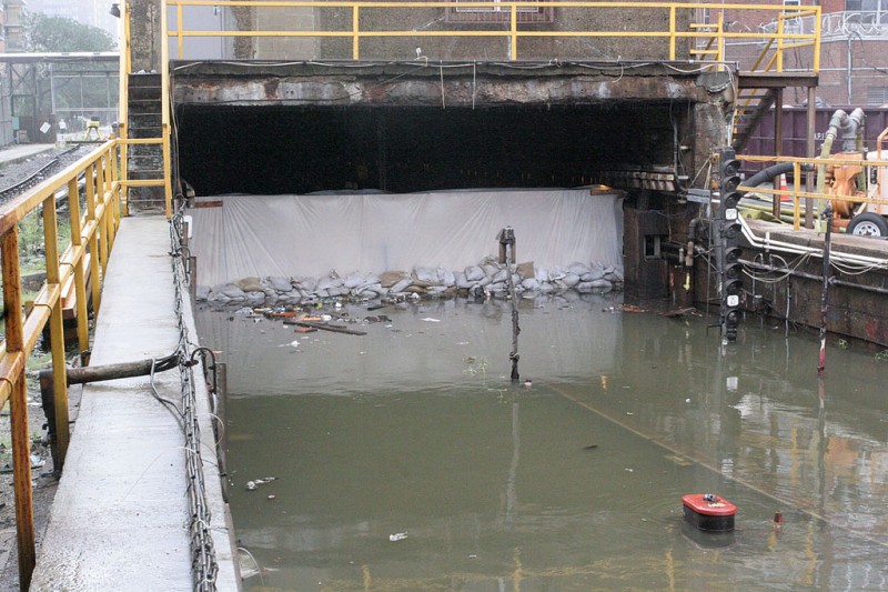 Water pushes against a tunnel flood wall. (Courtesy MTA / Leonard Wiggins)`