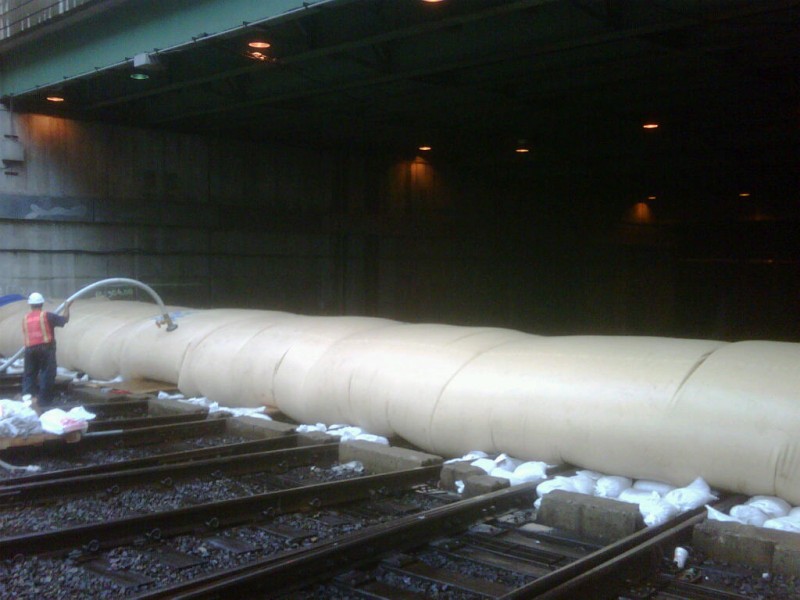 A water dam being installed at a tunnel leading to Penn Station. (Courtesy MTA / John Kettell)
