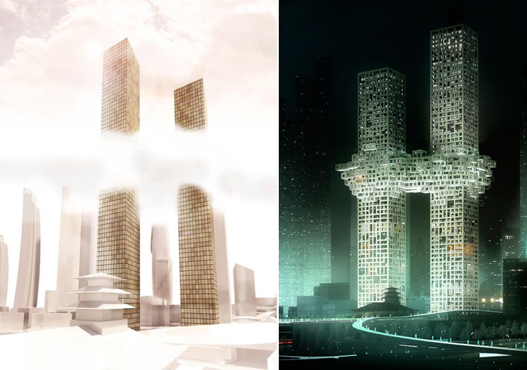 An early concept rendering of the Cloud tower and a rendering of the final design released last week. (Courtesy MVRDV)