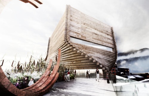 A stacked-timber design by BIG / Bjarke Ingels Group.