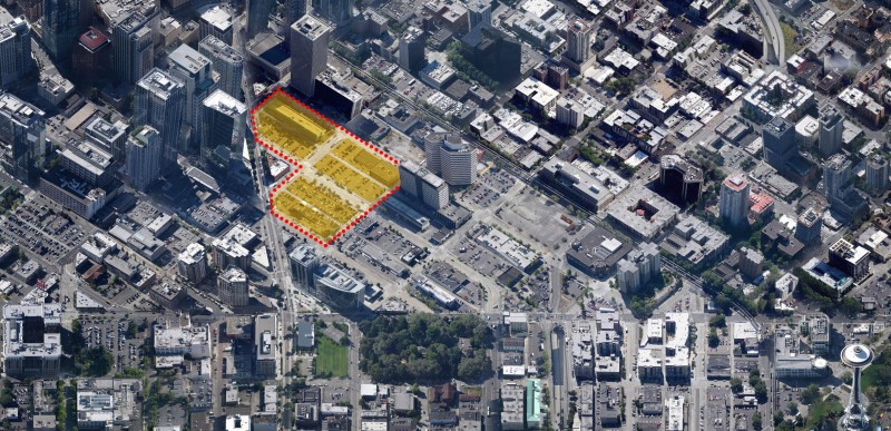 Amazon recently purchased these three blocks in South Lake Union. Designs for a three tower complex are being reviewed by the city. (Seattle.gov)