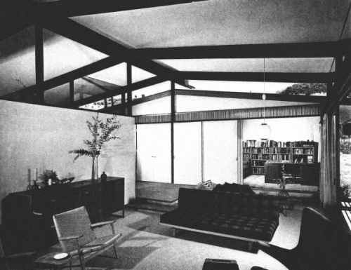 Hayes House interior, historic photo. (Triangle Modernist Homes)