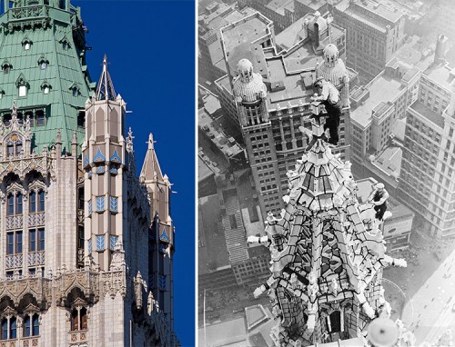 The Woolworth Building's spires today (left) and in 1932 (right). (Tony Hisgett/Flickr and LeslieJones/Boston Public Library/Flickr)
