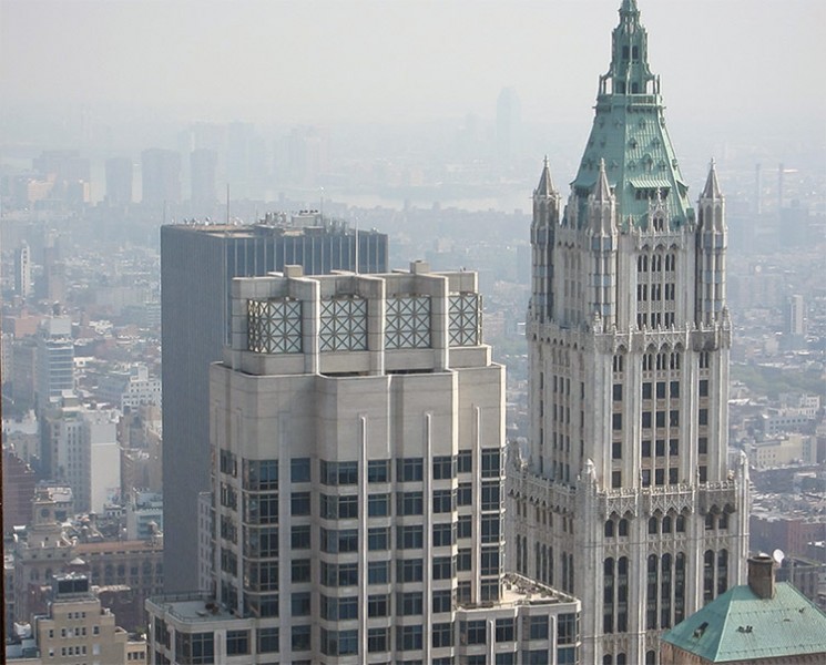 The crown of the Woolworth Building viewed from the top of Four World Trade.