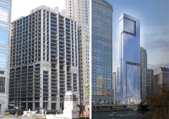 111 West Wacker today (left) and a rendering of what it will eventually look like (right). (Courtesy Related)