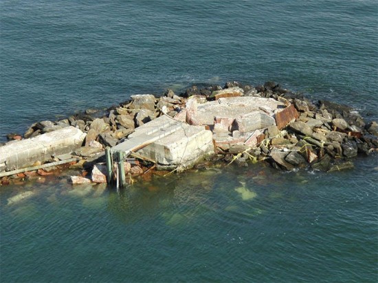 Remains of the Old Orchard Shoal Lighthouse after Hurricane Sandy. (Courtesy US Coast Guard)