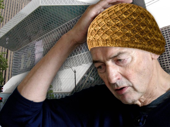 Rem Koolhaas, the Koolhaas Hat, and the Seattle Public Library. (Montage by AN)