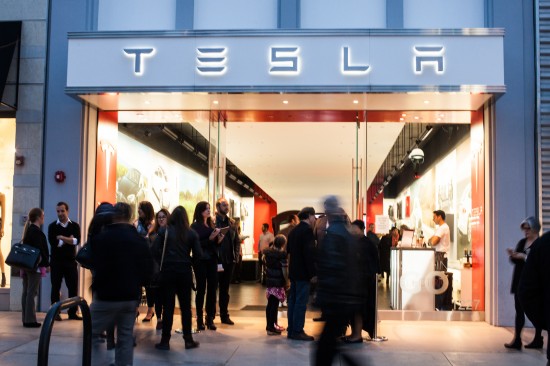 Eventgoers outside the Tesla Store in Santa Monica. (Micah Cordy)