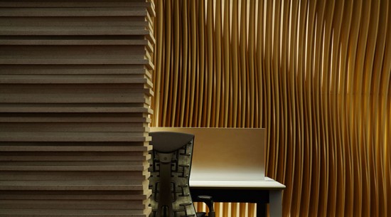 Three-quarter-inch strips of Micore® were CNC-milled to form a 7-foot by 23-foot wall between a cafe area and workstations.