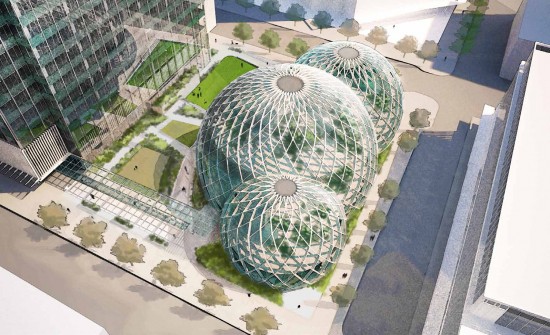 The proposed Amazon biodomes in downtown Seattle. (NBBJ / Seattle.gov)