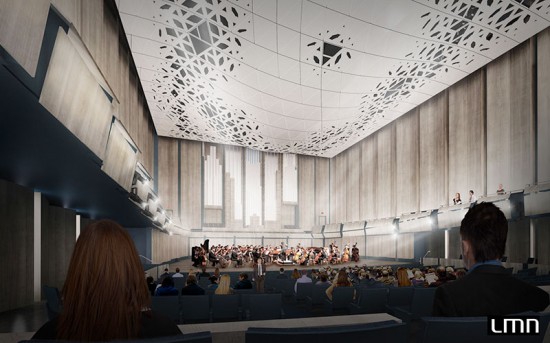LMN Architects designed a high-performing ceiling canopy that unifies the many features of traditional theatrical and acoustic systems. (courtesy LMN Architects)