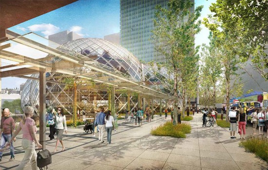 The proposed Amazon biodomes in downtown Seattle. (NBBJ / Seattle.gov)
