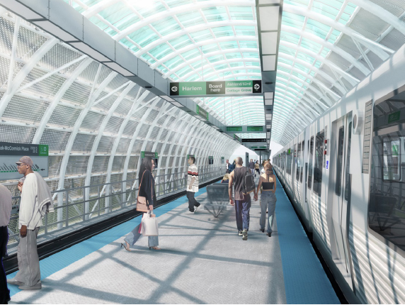 Renderings of the proposed CTA 'El' station at McCormick Place-Cermak St. (Courtesy Ross Barney Architects)
