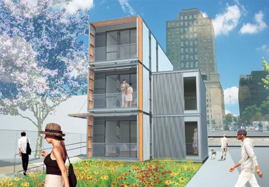 Rendering of the three-unit prefab disaster housing planned for Brooklyn. (Courtesy Garrison Architects)
