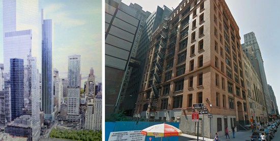 Initial rendering of 22 Thames Street (left; Courtesy Tribeca Trib) and a Google street view before demolition (right; Courtesy Google).