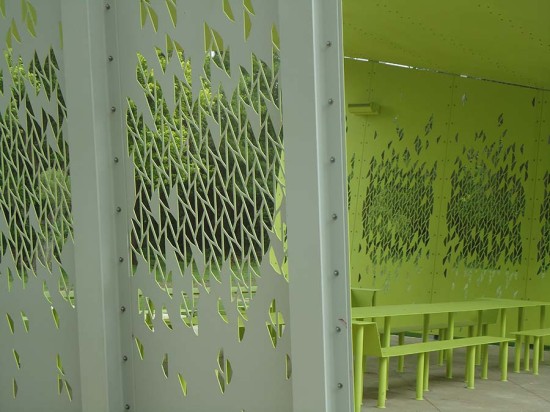 CT&S used a water jet to perforated the 1/4-inch steel plate walls with an abstracted leaf pattern. (Courtesy Architexas)
