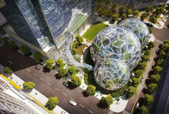 An aerial rendering of the Amazon biodomes (NBBJ).