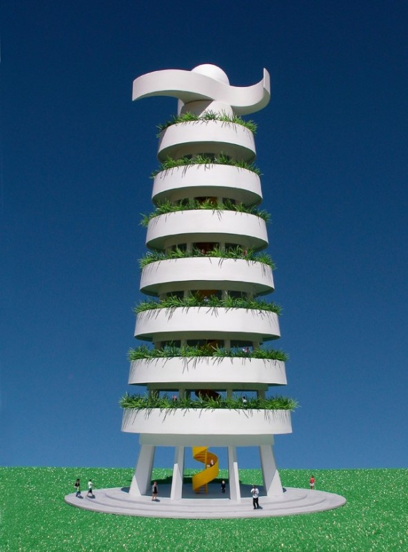 The Eco-Tower is a 120-foot observational structure that gathers energy from the sun and wind — an "urban tree." (Michael Jantzen)
