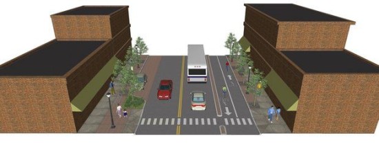 cleveland's lorain avenue would include the city's first two-way bike path under a plan from the ohio city development corporation. (Behnke Associates, Inc., and Michael Baker Corp.)