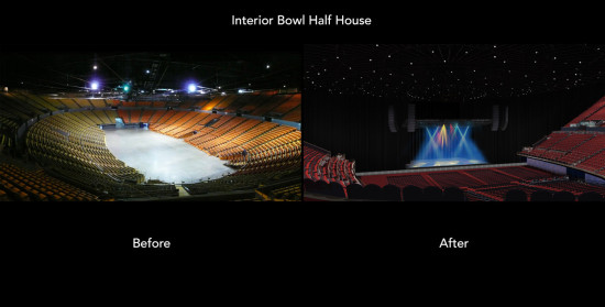 Rendering showing interior before and after renovation. (Los Angeles Forum) 