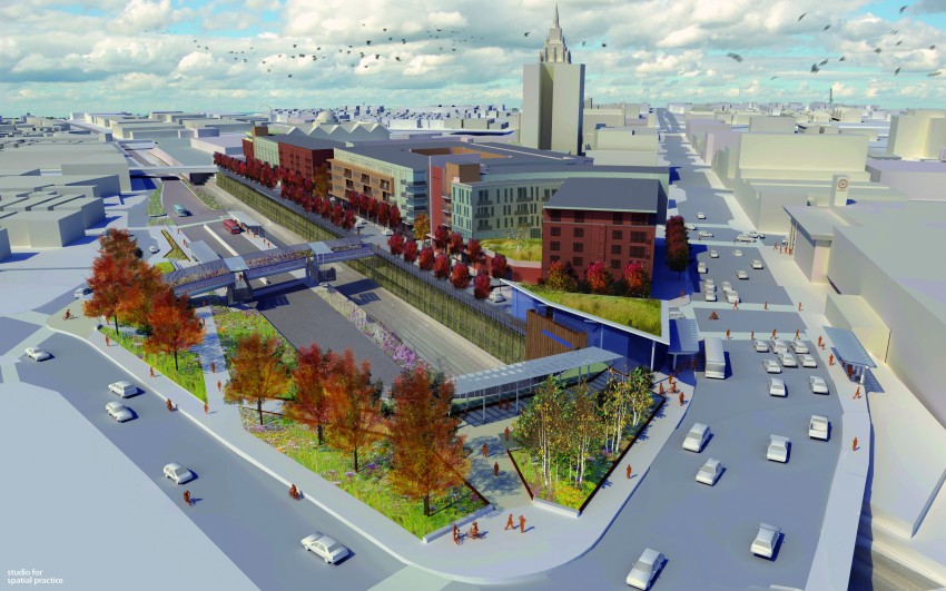 East Liberty Transit Center Aerial Rendering. (Courtesy Studio for Spatial Practice)