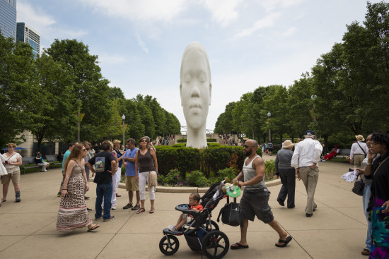 Jaume Plensa's new work "Look Into My Dreams, Awilda," greets visitors to Chicago's Millennium Park. (City of Chicago / Patrick Pyszka)