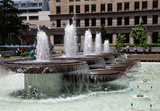The original, restored bronze basins. The refurbished fountain and stairway. (Courtesy Pittsburgh Parks Conservancy)