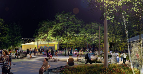The new trolley portal at night. (Courtesy Andropogon Associates via University City District) 