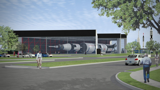 Hightower's scheme once again puts the rocket on view, creating a much more inspiring entry sequence to the Space Center. (Courtesy HiWorks Architecture)