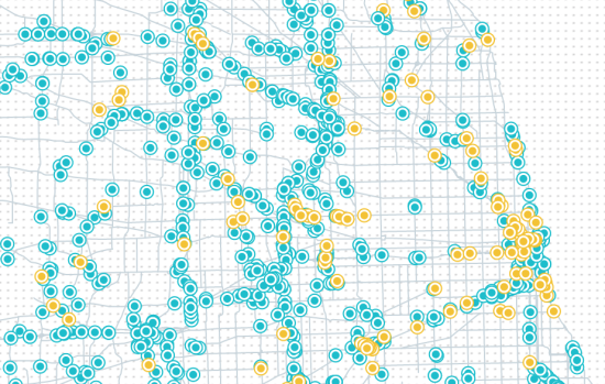 A screen shot of an interactive map showing Chicago bridges. The bridges shown with yellow dots are among the 302 deemed "structurally deficient." (CMAP)