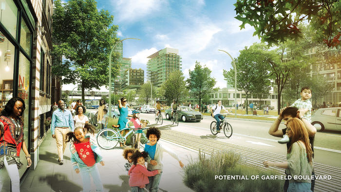 A rendering of Garfield Boulevard, part of the University of Chicago's proposal for the Barack Obama Presidential Library. (Skidmore, Owings & Merrill, The University of Chicago)