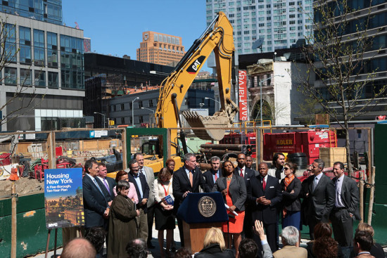 De Blasio unveiling his housing plan last April. (NYC MAYORS OFFICE)
