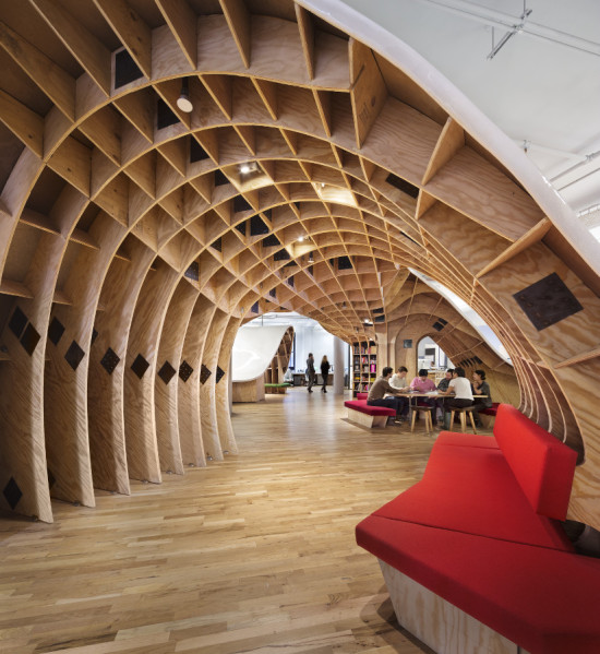 The Superdesk lifts and lowers to create walking paths and grotto-like spaces for intimate gatherings. (Michael Moran)