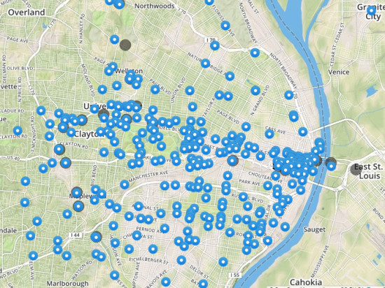 Potential stations for a bike sharing system in St. Louis. (Alta /  Great Rivers Greenway)