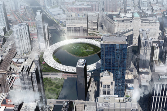 A hypothetical concept for the Barack Obama Presidential Library, straddling the Chicago River. The proposal was among the winners of the 2014 Chicago Prize. (Zhu Wenyi, Fu Junsheng, and Liang Yiang)