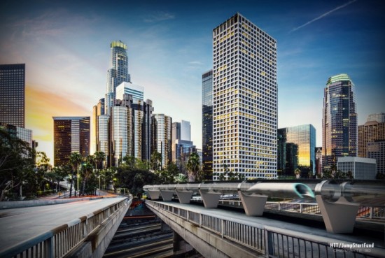 HTT's rendering of the Hyperloop zooming through Downtown Los Angeles. (HTT) 
