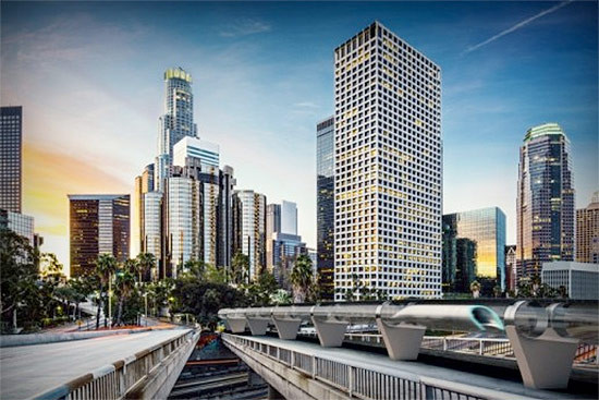HTT’s rendering of the Hyperloop zooming through Downtown Los Angeles. (HTT)