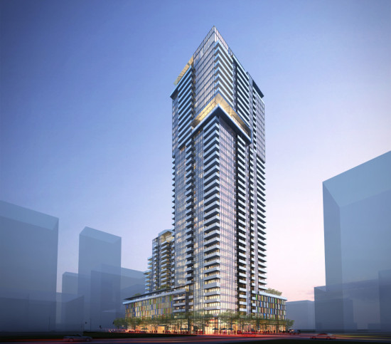 The project's glassy towers sit atop a multicolored retail and commercial podium. (Courtesy Zephyr)