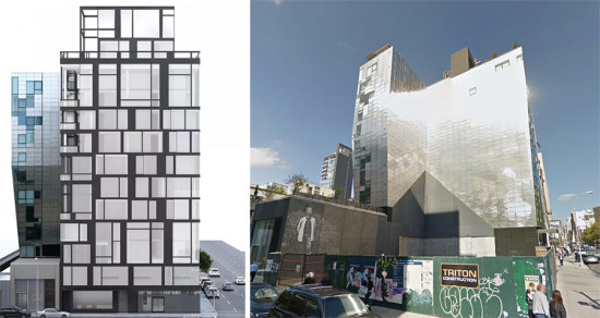 Rendering of the Highline building and the site today. (Courtesy peter marino architect; google)
