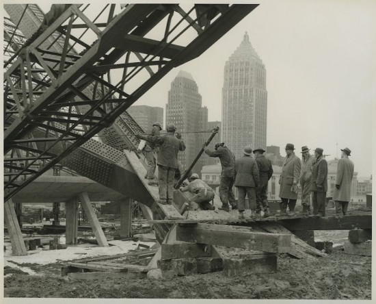 Group of men at the base of the Civic Arena, 1960-61 (Courtesy Heinz History Center) 