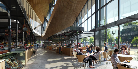 The new market will feature more than 60 permanent vendors, 30 day tables, full-service restaurants, a teaching kitchen and event space. (Courtesy Snøhetta)