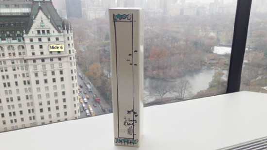 Bottle of Grappa sent from Renzo Piano to Harry Macklowe. The box is decorated with Piano's vision for 432 Park Avenue. 