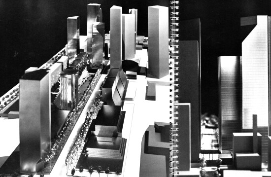 In 1980 Wayne Thom assisted Arthur Erickson in developing the team of architects, designers and others that ultimately won the Bunker Hill competition sponsored by the Los Angeles Community Redevelopment Agency. Wayne Thom also photographed the models within the proposal materials. Erickson referred to the project as “California Center.” Figure 6: California Center site along Grand Avenue (model by Steve Hoffman)