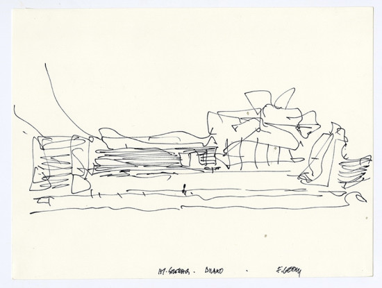 Frank Gehry, Guggenheim Museum Bilbao, design sketch of the riverfront elevation, Bilbao, Spain, c. 1991, Collection Frank Gehry, Los Angeles, © 2015 Gehry Partners, LLP, (image courtesy Gehry Partners, LLP) 