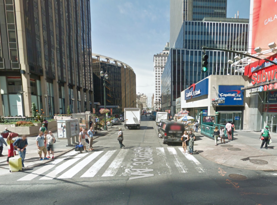 Looking west at 6th avenue and 33rd Street before the plaza installation (Courtesy Google)