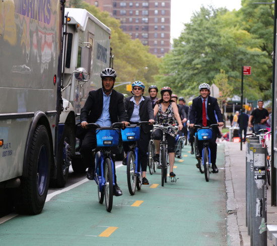 City officials and transportation advocates make their way downtown on the newest bike lane (Courtesy NYC DOT)