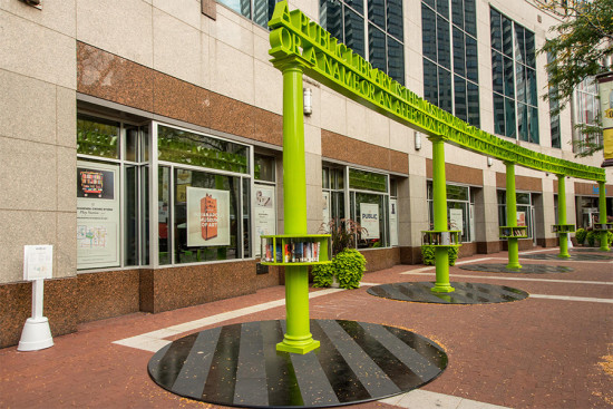 The Monument Circle station of Indianapolis' new literacy and public art installation, "The Public Collection." (Indianapolis Public Library)