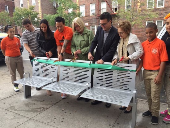 NYC DOT and other local stakeholders marked the installation of the 1,500th CityBench at M.S, 22 with a ribbon cutting. (Courtesy NYC DOT)