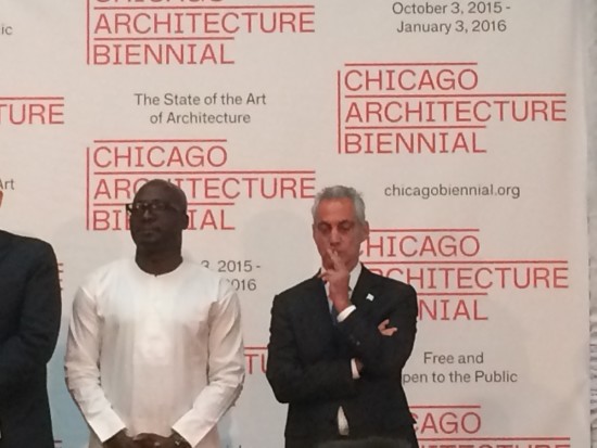 Rahm Emanuel addresses the audience at the Chicago Biennial.
